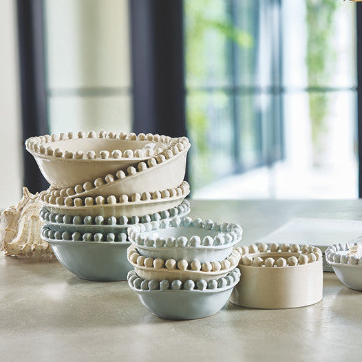 Large Coastal Blue Ceramic Beaded Bowl