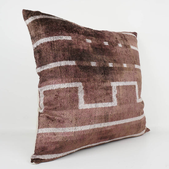 Brown Geometric Handmade Ikat Silk + Velvet Pillow