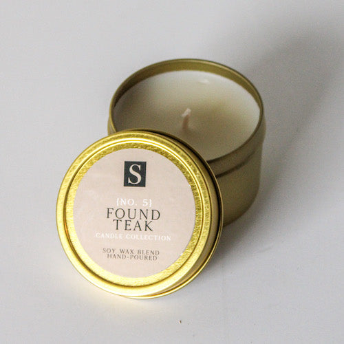 Found Teak Tin Candle