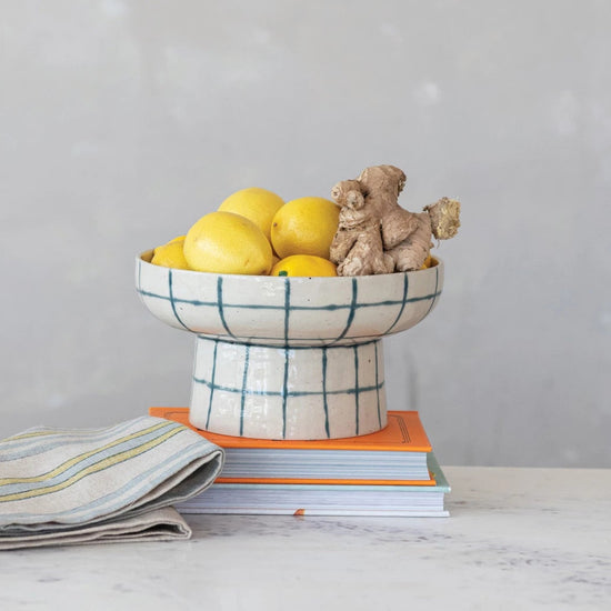 Blue Grid Pedestal Bowl