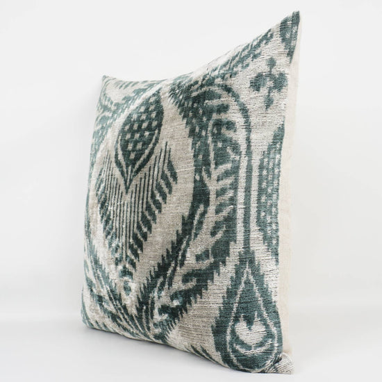 Deep Teal + White Handmade Ikat Silk + Velvet Pillow