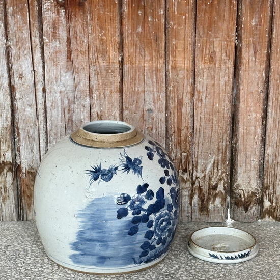 Medium Porcelain Bird + Flower Round Jar