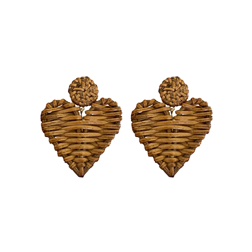 Brown Rattan Heart Earrings