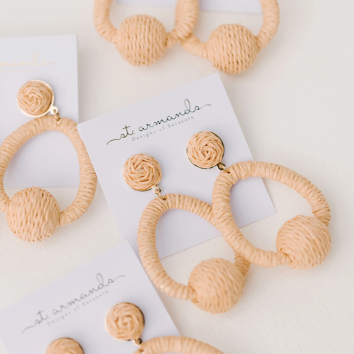 Brown Raffia Pom Pom Hoops