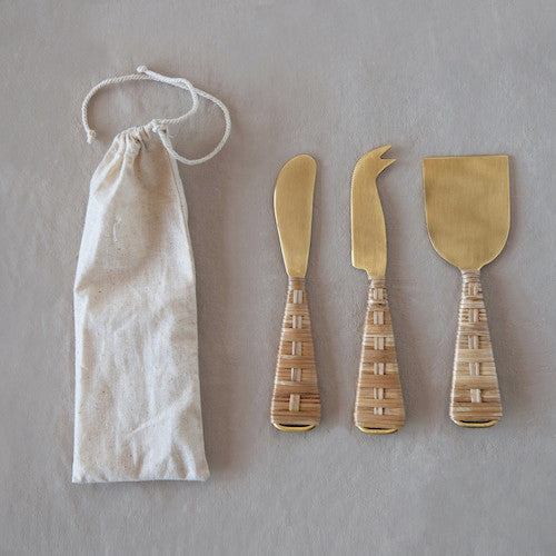Rattan Wrapped Cheese Knives Set