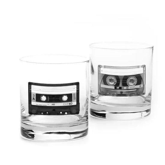 S/2 Retro Cassette Tapes Whiskey Glasses