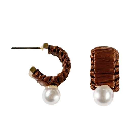 Mini Espresso Raffia and Pearl Huggie