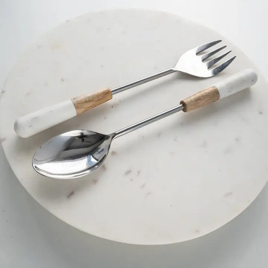 S/2 Elegant Marble + Wood Salad Servers