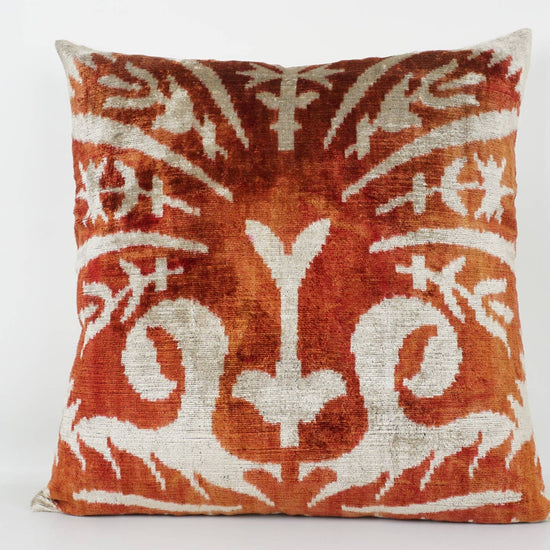 Orange + White Handmade Ikat Silk + Velvet Pillow