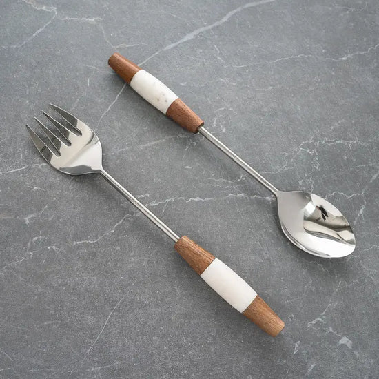 S/2 White Marble & Wood Salad Servers