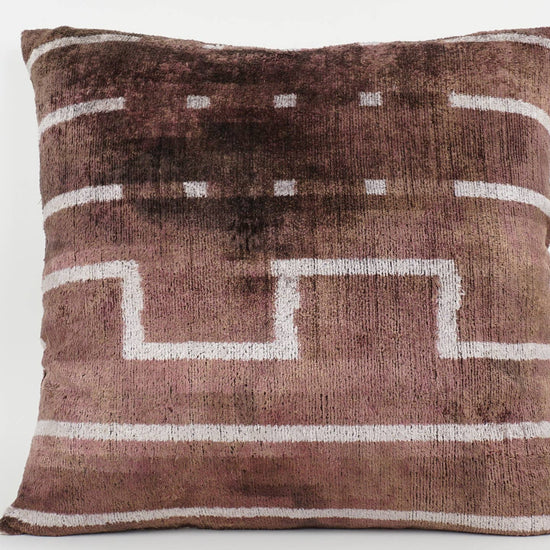 Brown Geometric Handmade Ikat Silk + Velvet Pillow