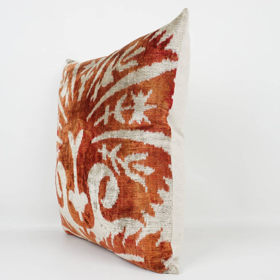 Orange + White Handmade Ikat Silk + Velvet Pillow