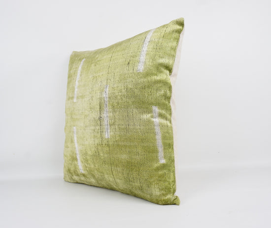 Green + White Ikat Silk + Velvet Pillow