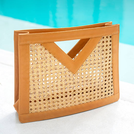 Tan Leather + Rattan Top Handle Bag