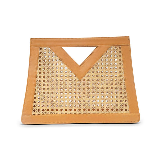 Tan Leather + Rattan Top Handle Bag