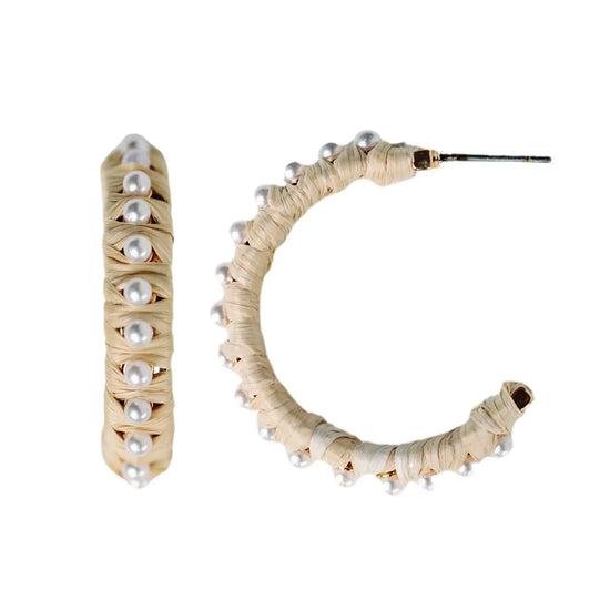 Natural Studded Pearl Raffia Hoops