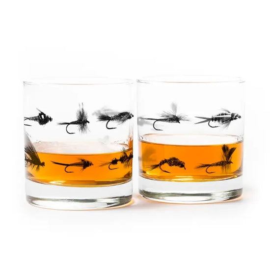 S/2 Fly Fishing Flies Whiskey Glasses