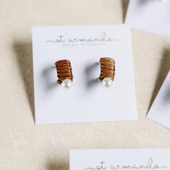 Mini Espresso Raffia and Pearl Huggie