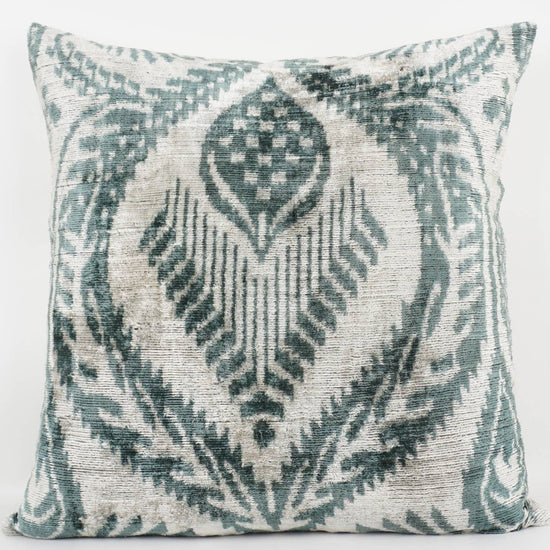 Deep Teal + White Handmade Ikat Silk + Velvet Pillow