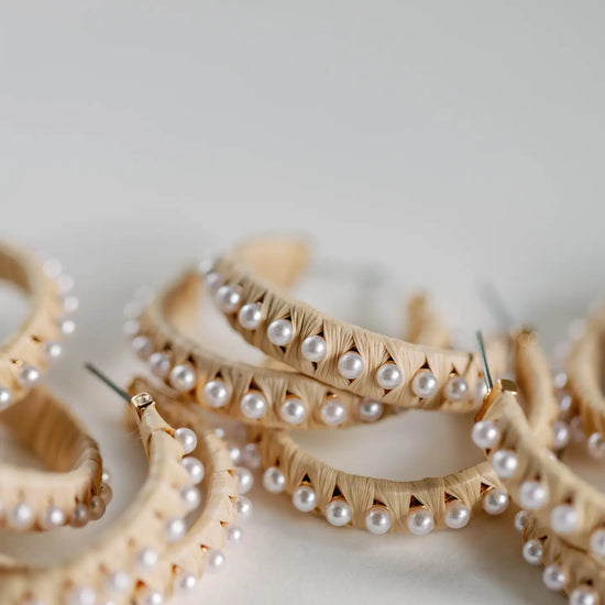 Natural Studded Pearl Raffia Hoops