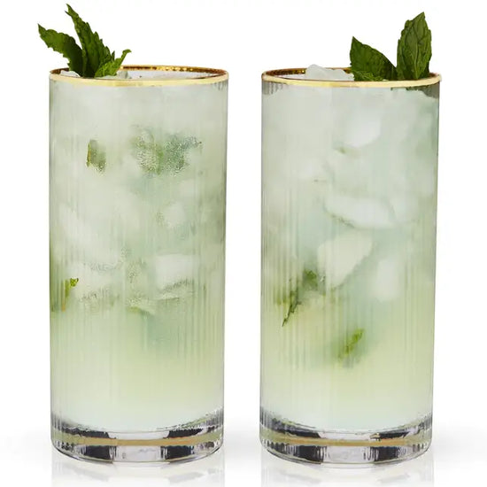 S/2 Deco Meridian Gold - Rimmed Crystal Highball Glasses