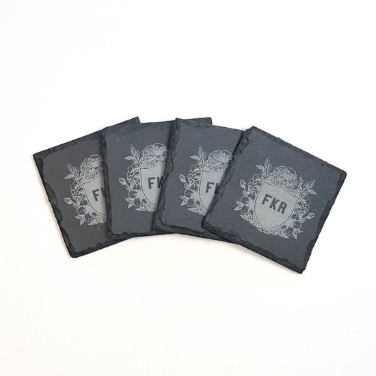 Set of Four Crest Slate Coasters with Custom Monogram