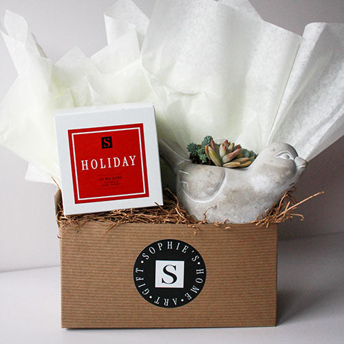 Cement Bird Succulent + Seasonal Candle Gift Box