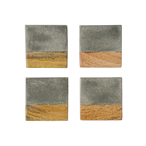 S/4 Square Cement + Wood Coasters
