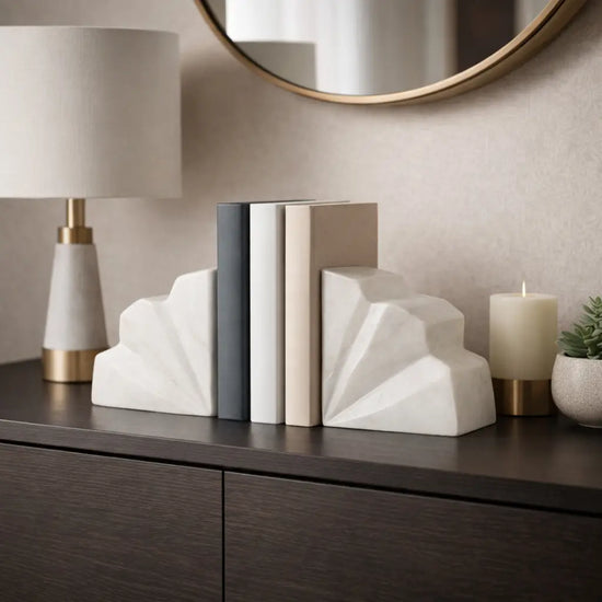S/2 White Marble Semi Circle Bookends