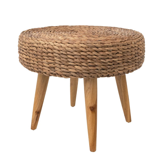 Hand-Woven Water Hyacinth and Teakwood Stool