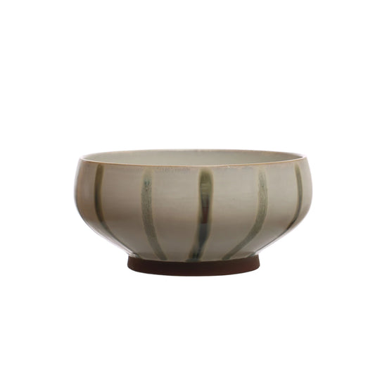 Hand-Painted Cream Stoneware Bowl w/Stripes