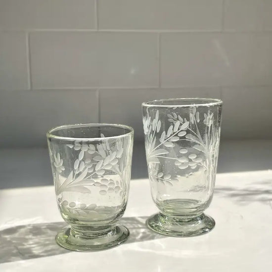 Tall Hand Etched Blown Footed Water Glass