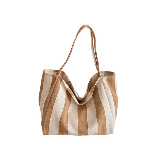 Khaki Wide Stripe Canvas Tote
