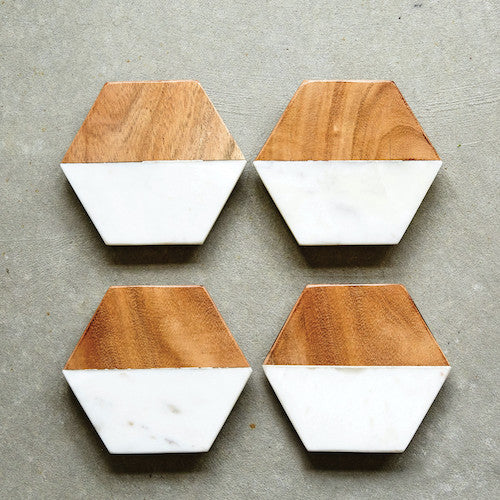 Hexagon Marble + Wood Coasters