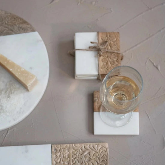 S/4 Marble & Hand-Carved Wood Coasters