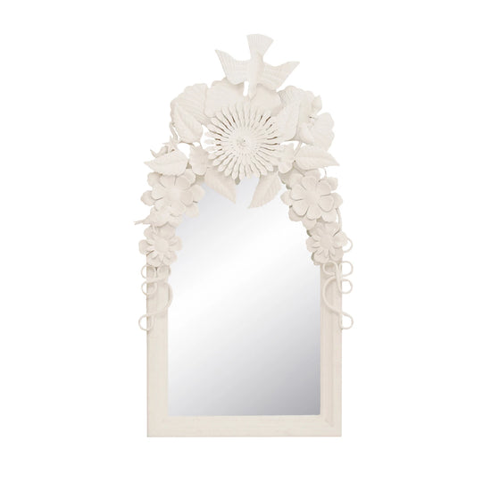 White Flowers & Birds Wood Framed Mirror