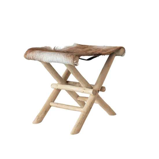 Teakwood & Goat Fur Folding Stool