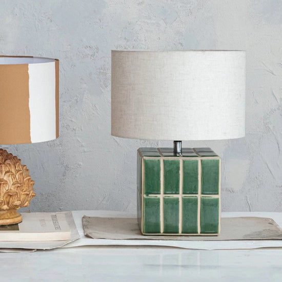 Green Tile Lamp with Linen Shade