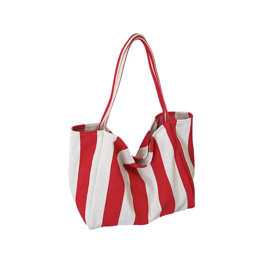 Red Wide Stripe Canvas Tote