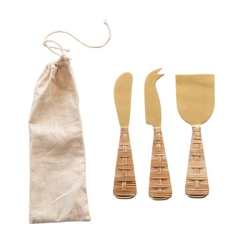 Rattan Wrapped Cheese Knives Set